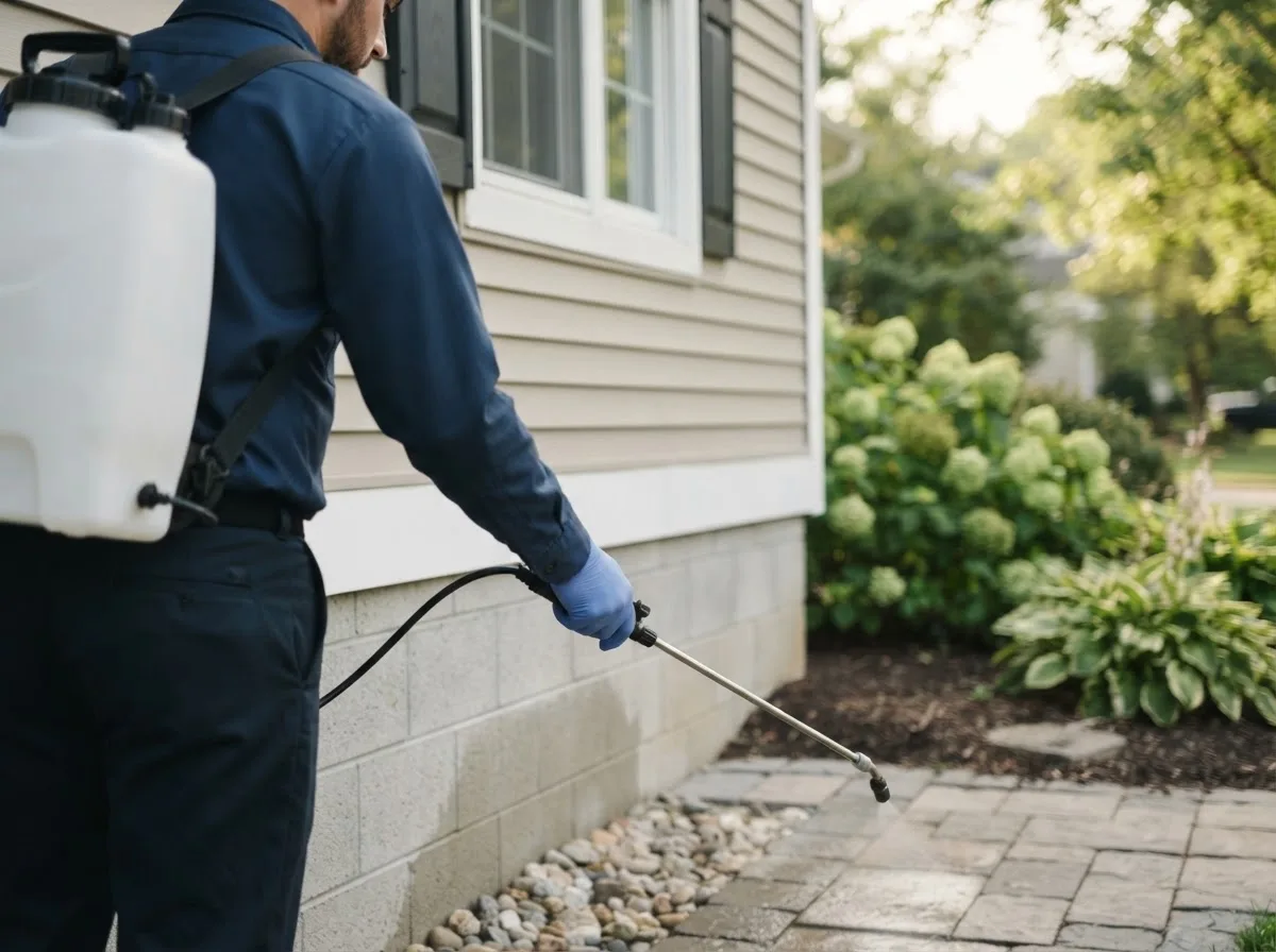 Pest control technician inspecting a home in Republican City, NE